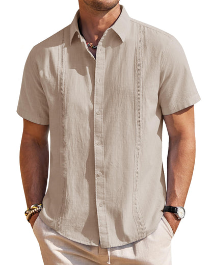 HOTMens Linen Textured Shirt Short Sleeve Button Down Cuban Guayabera Shirt | 100% Cotton, Casual Wear, Lightweight Breathable, Summer Beach, Untucked, Relaxed Fit, Vacation, Cruise, Camp, Collared
