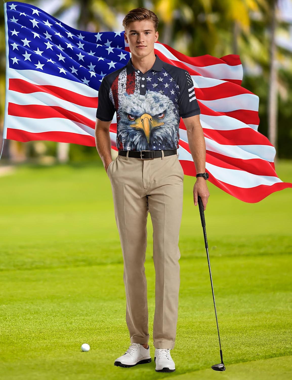 HOTRAISEVERN Mens American Flag Print Golf Polo Shirt Patriotic Raglan Sleeve Tees
