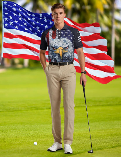 HOTRAISEVERN Mens American Flag Print Golf Polo Shirt Patriotic Raglan Sleeve Tees