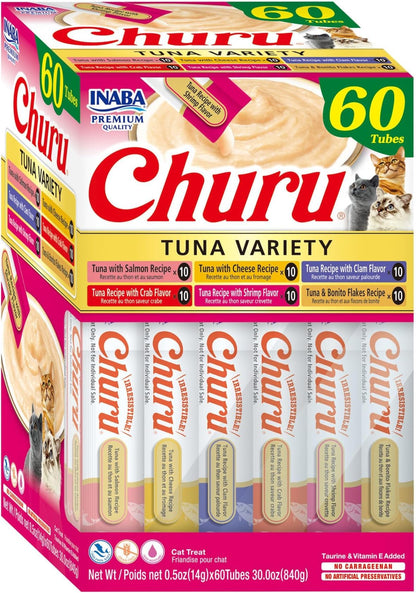 HOTINABA Churu Cat Treats, Lickable, Squeezable Creamy Purée Cat Treat with Green Tea Extract & Taurine, 0.5 Ounces Each Tube, 20 Tubes, Tuna & Seafood Variety Box