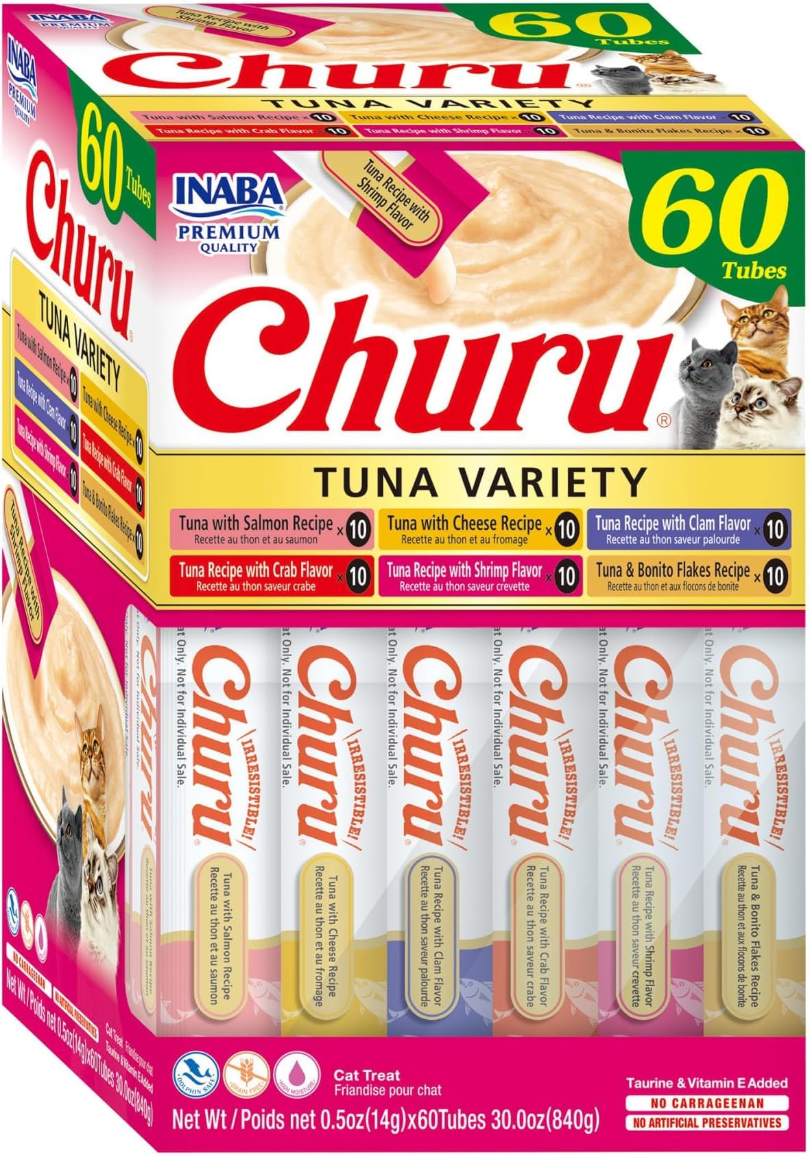 HOTINABA Churu Cat Treats, Lickable, Squeezable Creamy Purée Cat Treat with Green Tea Extract & Taurine, 0.5 Ounces Each Tube, 60 Tubes, Chicken Variety Box