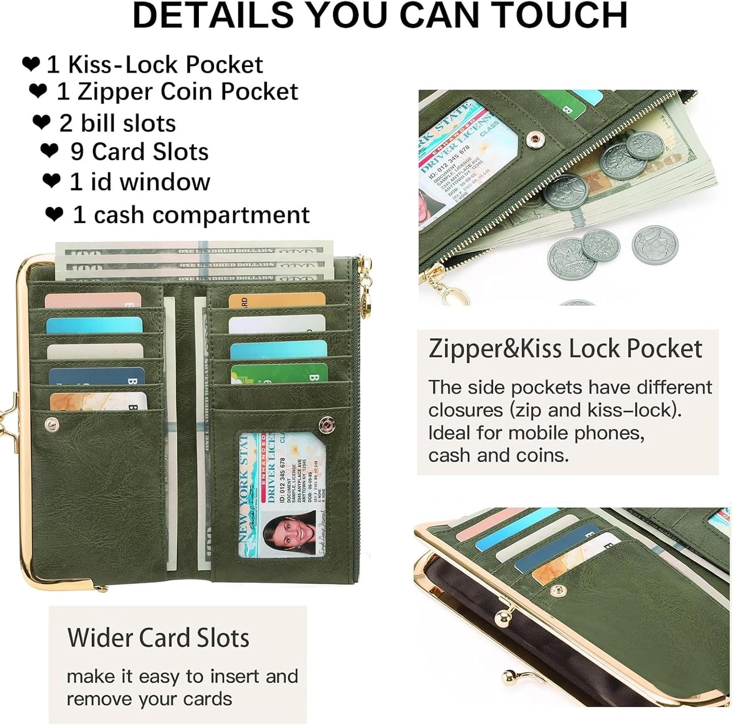HOTVintage Wallets for Women Large Bifold Kiss Lock Wallet for Women Leather Zip Clutch Coin Purse