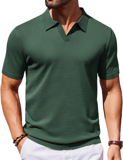 HOTCOOFANDY Men's V Neck Short Sleeve Stretch Knit Polo Shirt