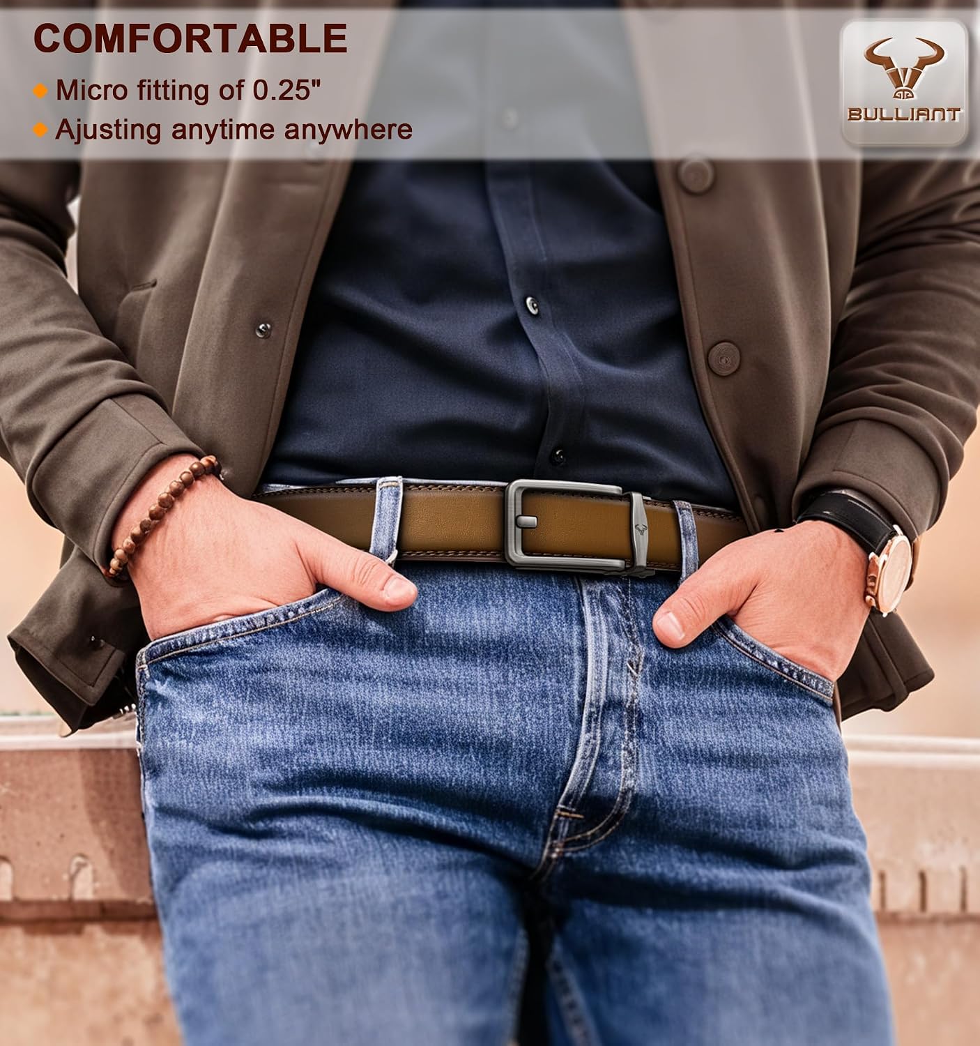 HOTBULLIANT Men Ratchet Belt 2 Pack, Click Sliding Leather Belt Adjustable for Gift Men Dress Casual Jeans 1 3/8,Cut for Fit