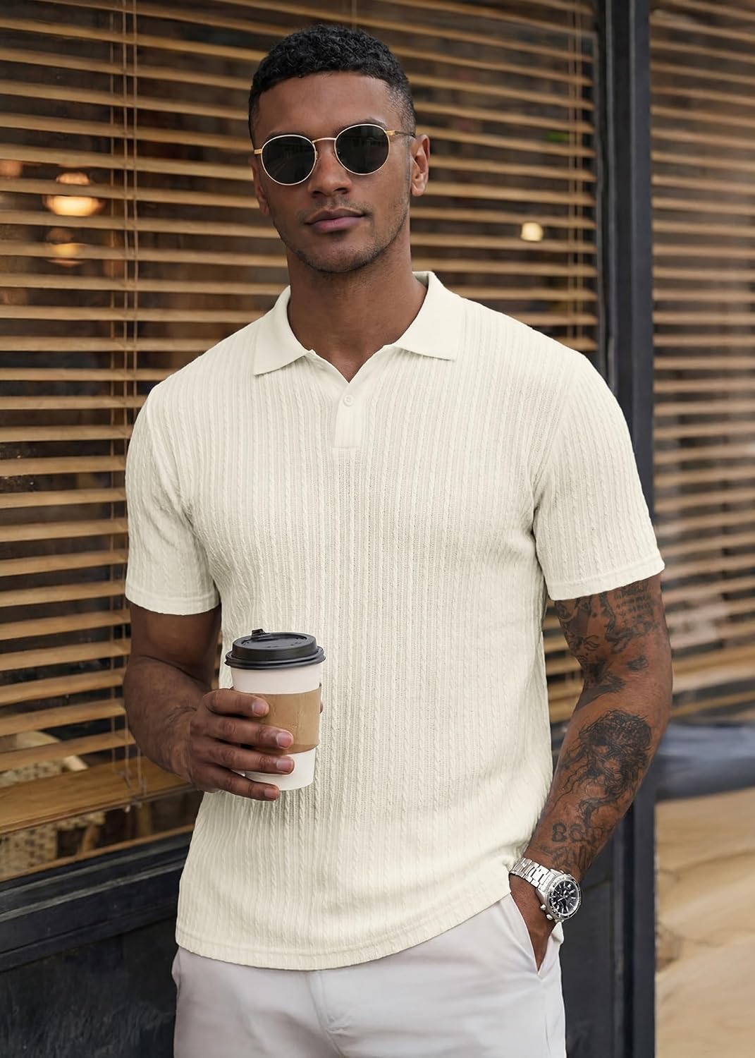 HOTJMIERR Mens Casual Polo Shirt Summer Short Sleeve Vacation Button Beach Knit Stretchy Golf Shirts