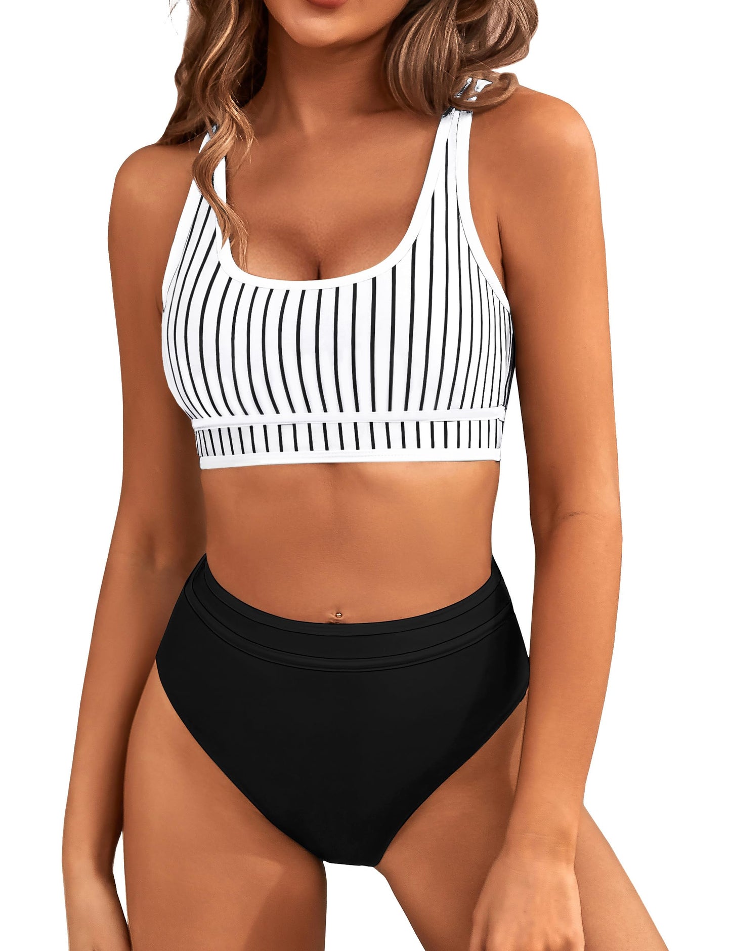 HOTBMJL Women's High Waisted Bikini Sets Sporty Two Piece Swimsuits Color Block Tummy Control Modest Bathing Suit
