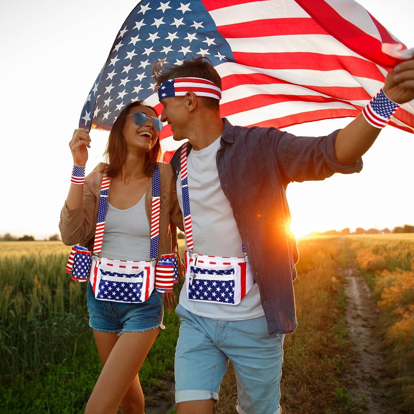 HOT4th of July Fanny Pack, 9 Pcs American Flag Headband Wristband Suspenders | Beer Belt Drink Holder, Beverage Suspenders, Patriotic Party Accessories, Fourth of July Outfit for Men Women