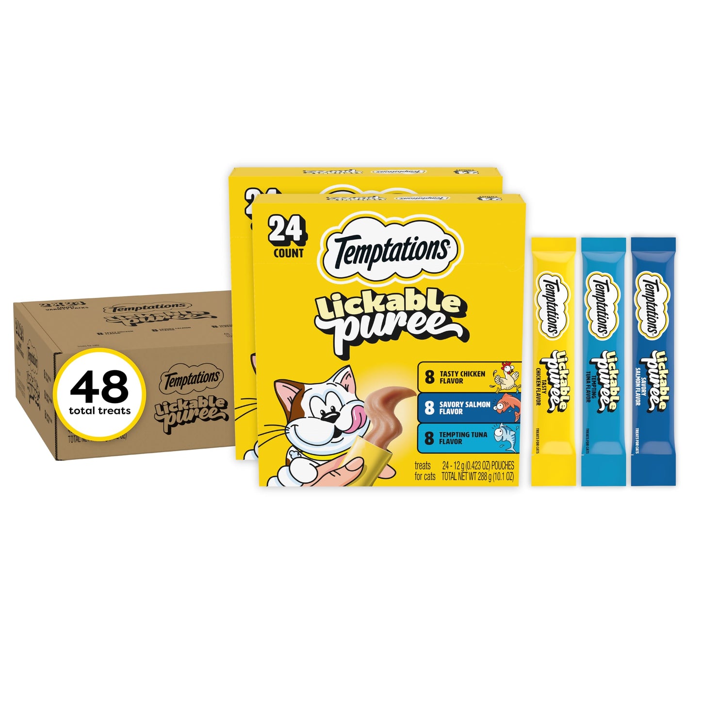HOTTemptations Creamy Puree Cat Treats, Beef, Chicken, Salmon & Tuna, 48 Count | Beef, Salmon, Chicken & Tuna, under 15 cal/tube, no added sugar or fillers, senior-friendly, meal topper or hand-feed