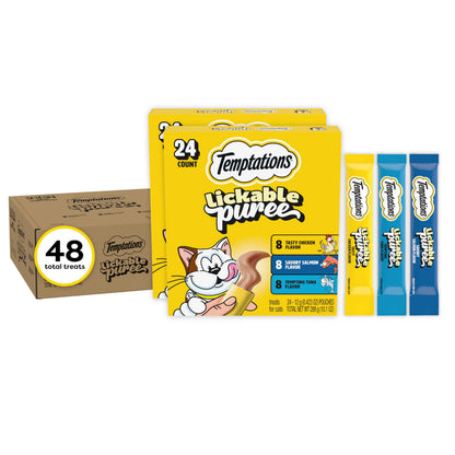HOTTemptations Creamy Puree Cat Treats, Beef, Chicken, Salmon & Tuna, 48 Count | Beef, Salmon, Chicken & Tuna, under 15 cal/tube, no added sugar or fillers, senior-friendly, meal topper or hand-feed