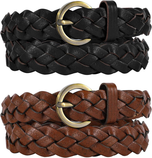 HOTXZQTIVE 2 Pieces Women's Braided Leather Belts Casual 0.9" Skinny Woven Belt for Jean Pant