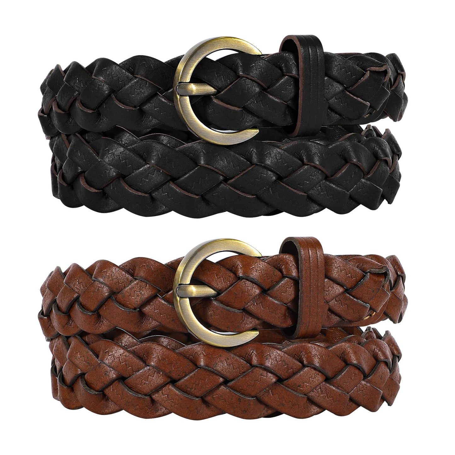HOTXZQTIVE 2 Pieces Women's Braided Leather Belts Casual 0.9" Skinny Woven Belt for Jean Pant