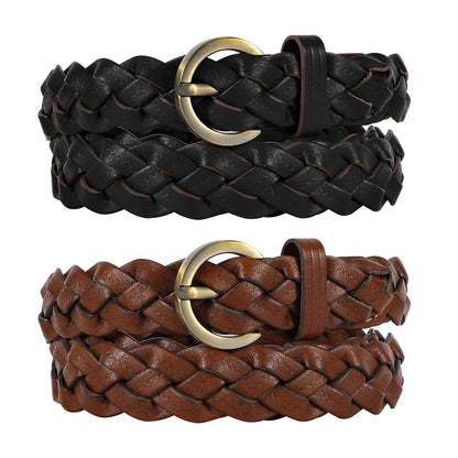 HOTXZQTIVE 2 Pieces Women's Braided Leather Belts Casual 0.9" Skinny Woven Belt for Jean Pant
