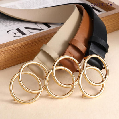 HOTXZQTIVE 3 Packs Women's Leather Belts For Jeans Dresses Pants Fashion Ladies Waist Belt with Double O-Ring Gold Buckle