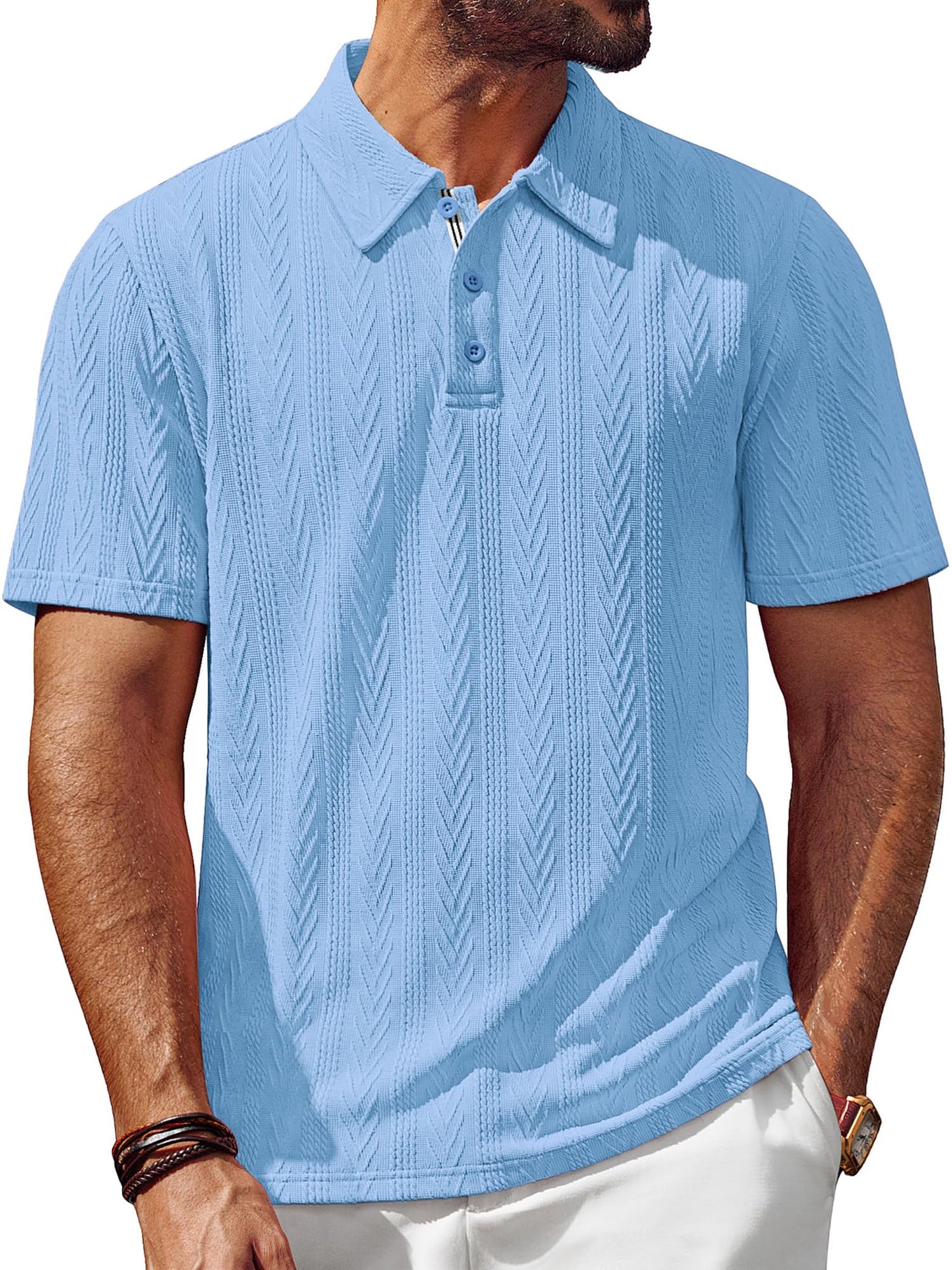 HOTPJ PAUL JONES Mens Polo Shirts Short Sleeve Knit Polo | Textured Knit Polo Shirt, Contrast Striped Placket, Golf Collared, Regular Fit, Stretchy, Wrinkle-free, Breathable, Old Money