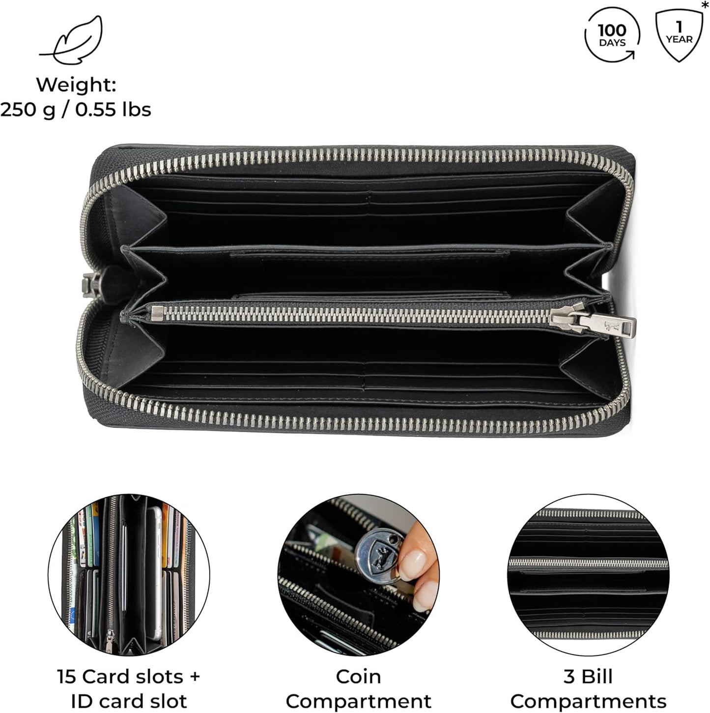 HOTBERLINER BAGS Genuine Leather Zip Wallet Women Lyon, Gift Box – Black | Soft Leather Zip Around Wallet, Fits up to Phone 6.9", 15 Card Slots, 1 ID Window, 3 Bill Slots, 1 Coin Pocket, RFID Blocking