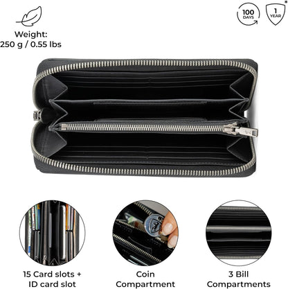 HOTBERLINER BAGS Genuine Leather Zip Wallet Women Lyon, Gift Box – Black | Soft Leather Zip Around Wallet, Fits up to Phone 6.9", 15 Card Slots, 1 ID Window, 3 Bill Slots, 1 Coin Pocket, RFID Blocking