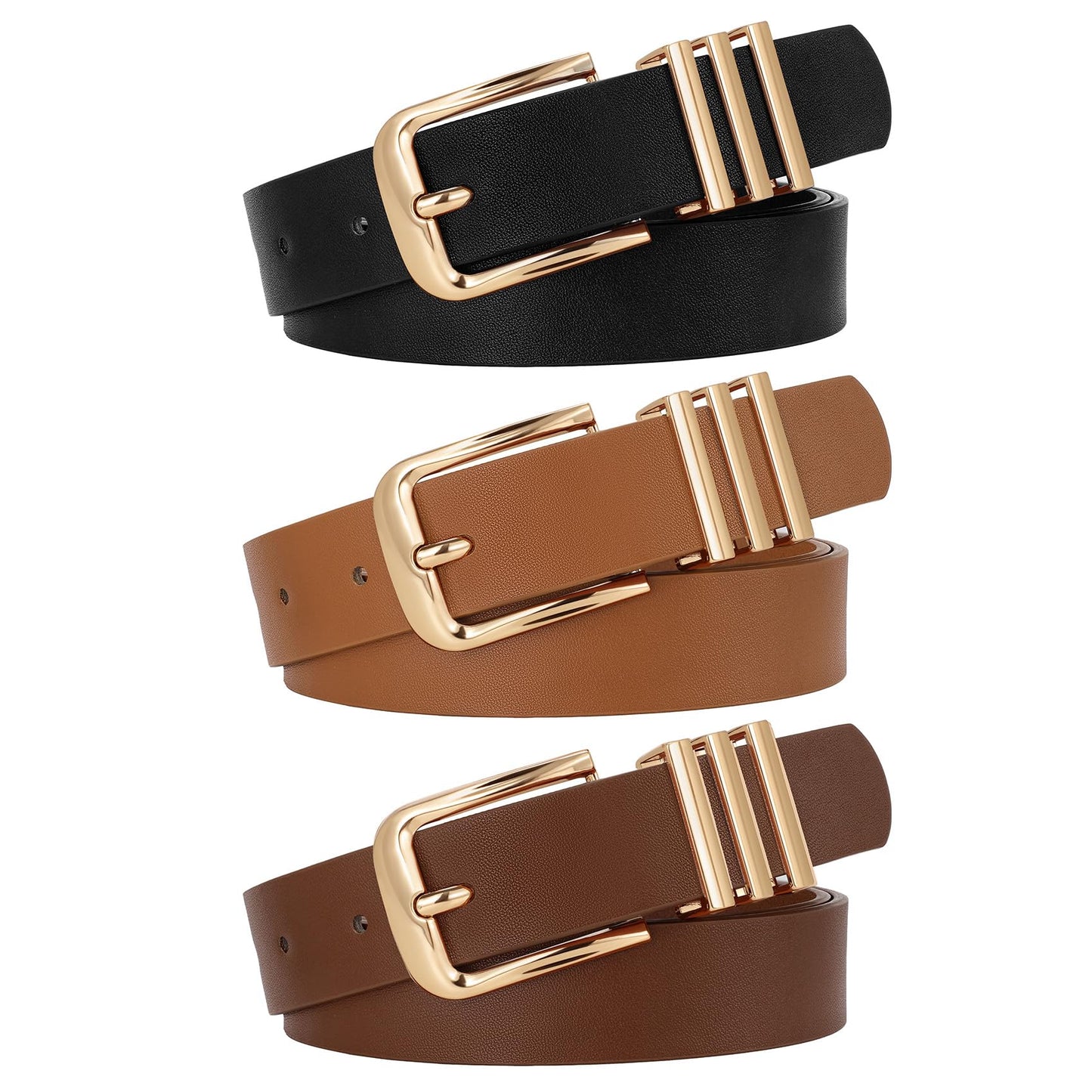 HOTWERFORU 3 PACK Women Belt Women Fashion Leather Belts for Jeans Pants Ladies Belts with Gold Buckle