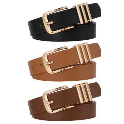 HOTWERFORU 3 PACK Women Belt Women Fashion Leather Belts for Jeans Pants Ladies Belts with Gold Buckle