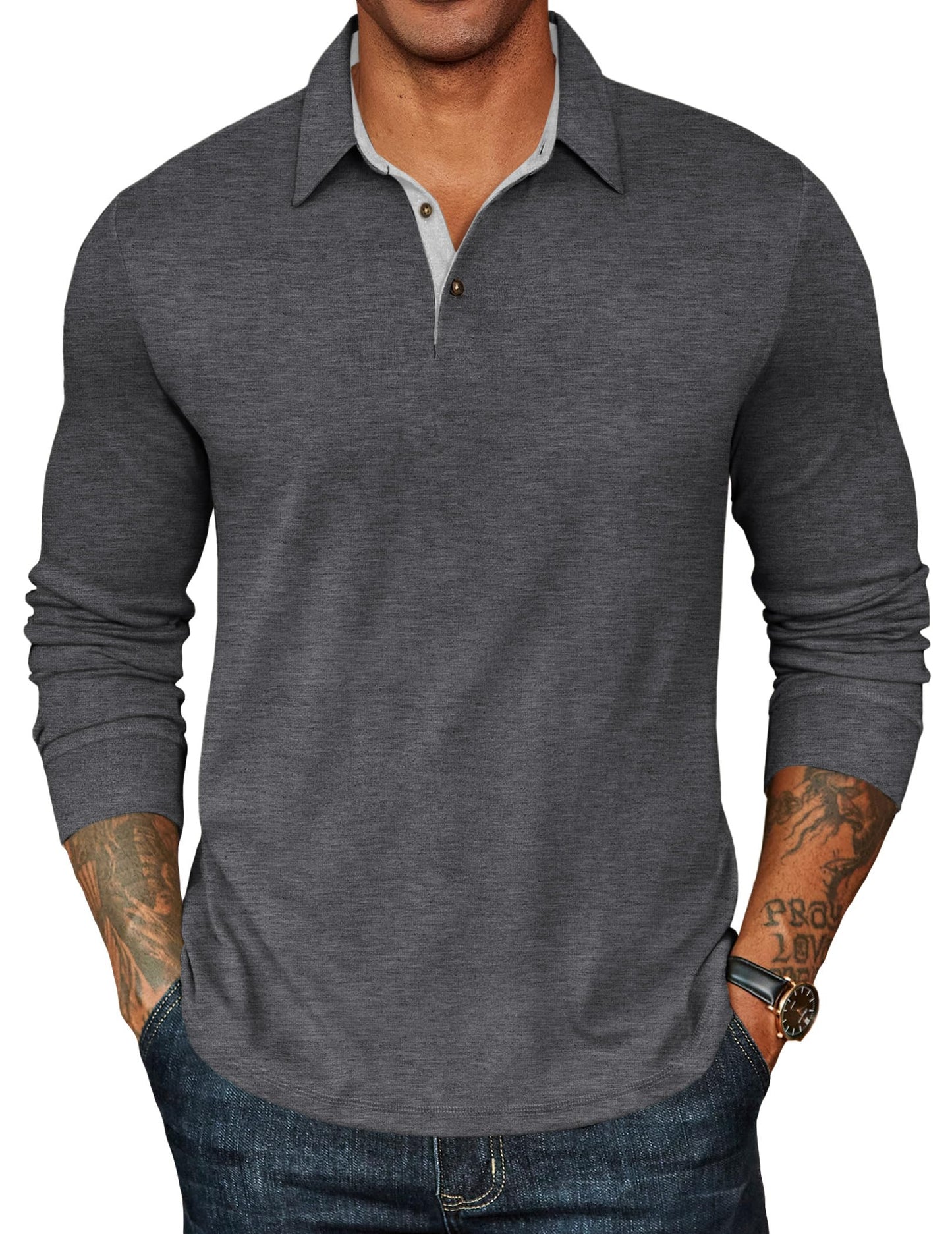 HOTCOOFANDY Mens Long Sleeve Polo Shirts Classic CasualButton Collared PoloTee