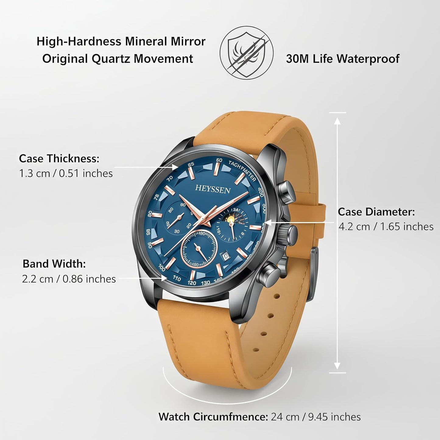 HOTWatches for Men Chronograph Analog Luminous Quartz Watch Blue Black Luxury Genuine Leather Mens Watches Business Sports Waterproof Wristwatch Elegant Gift for Him