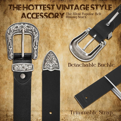 HOTJASGOOD Women Leather Belts Ladies Vintage Western Design Black Waist Belt for Pants Jeans Dresses