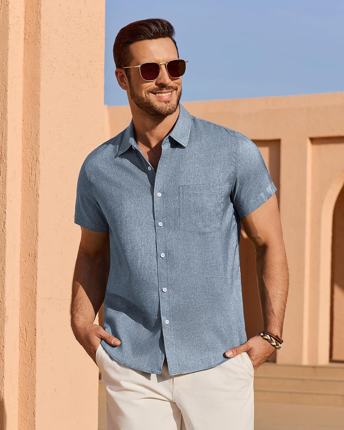 HOTMens Linen Shirt Short Sleeve Wrinkle Free Casual Untucked Button Down Shirts Beach Breathable Tops Summer