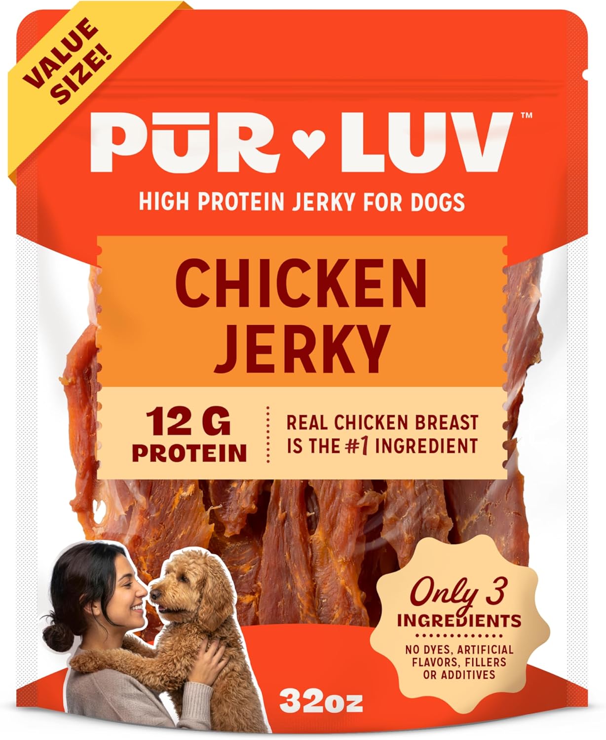 HOTPur Luv Chicken Jerky Dog Treats, Made with 100% Real Chicken Breast, 32 Ounces, Healthy, Easily Digestible, Long-Lasting, High Protein, Satisfies Dog's Urge to Chew