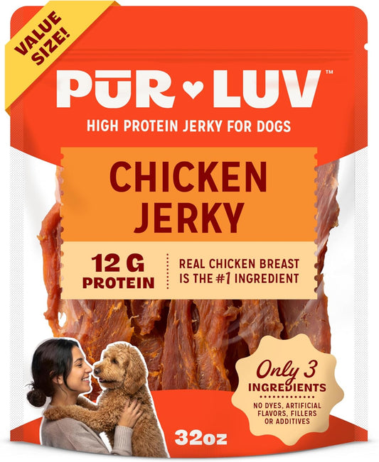 HOTPur Luv Chicken Jerky Dog Treats, Made with 100% Real Chicken Breast, 32 Ounces, Healthy, Easily Digestible, Long-Lasting, High Protein, Satisfies Dog's Urge to Chew