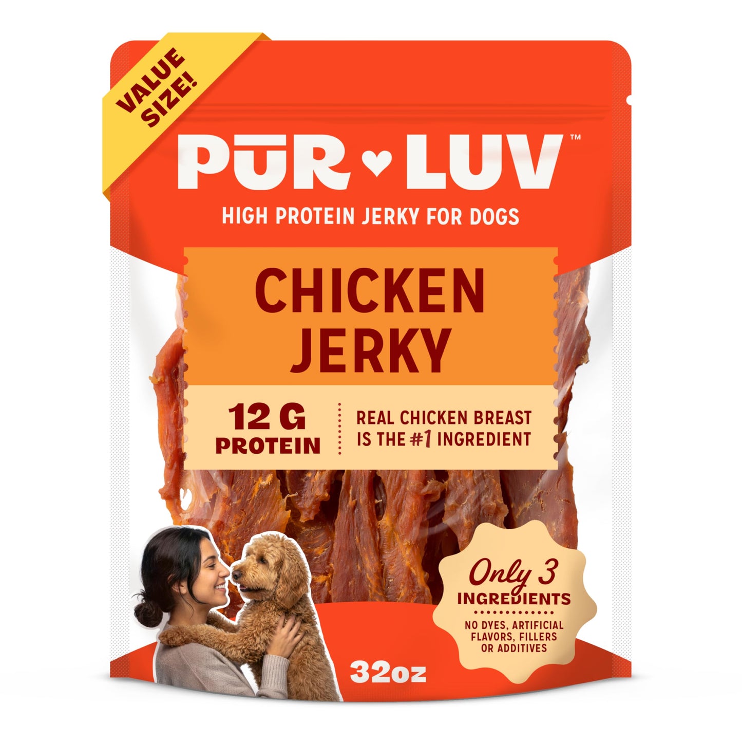 HOTPur Luv Chicken Jerky Dog Treats, Made with 100% Real Chicken Breast, 16 Ounces, Healthy, Easily Digestible, Long-Lasting, High Protein, Satisfies Dog's Urge to Chew