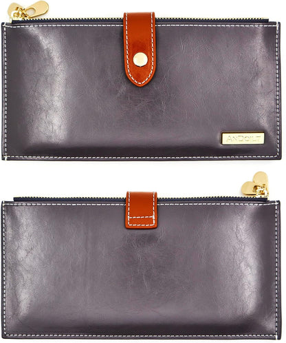 HOTANDOILT Women's Genuine Leather Wallet RFID Blocking Credit Card Holder Zipper Purse Cell Phone Handbag