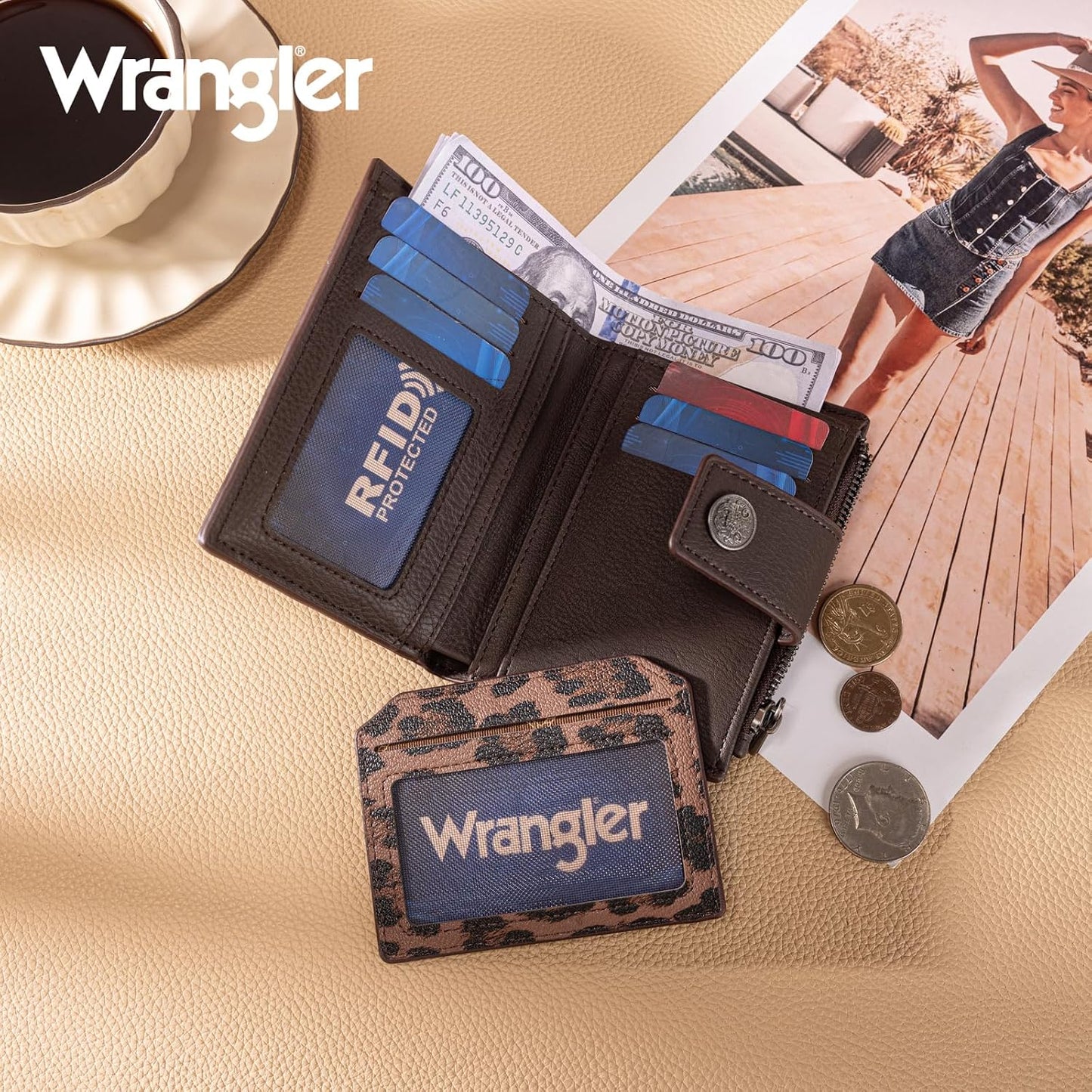 HOTMontana West X Wrangler Small Wallet Woman, Bifold RFID Blocking Wallet Leopard Print Zipper Pocket Wallets with Removable ID Window