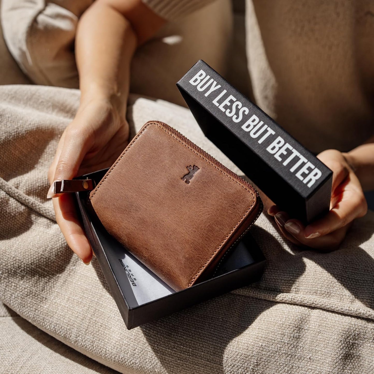 HOTBERLINER BAGS Genuine Leather Small Wallet Women Palermo, Gift Box – Brown | Soft Leather Trifold Zip Wallet, Fits Purses & Crossbody Bags, 8 Card Slots, 1 ID Window, Coin Pocket, RFID Blocking