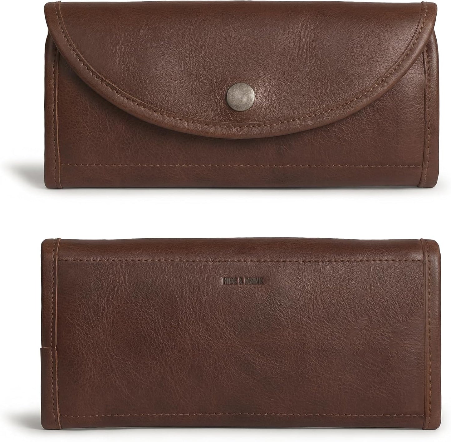 HOTHide & Drink, Full Grain Leather Snap Clutch Wallet for Women, Money Holder and Card Organizer with Zippered Pouch, Handmade, Bourbon Brown