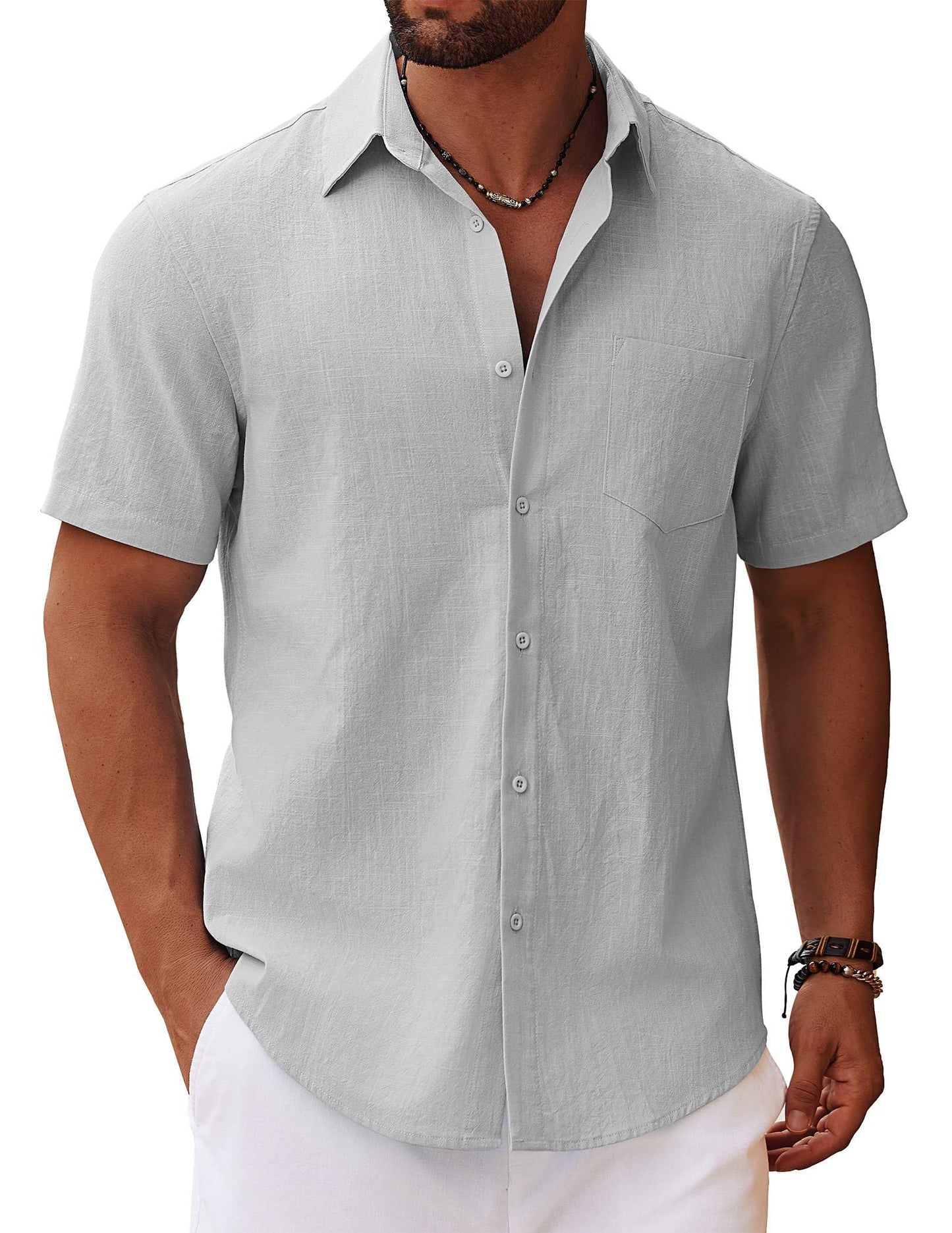 HOTCOOFANDY Men's Button Down Short Sleeve Shirt Casual Cotton Summer Beach Linen Wedding Shirts with Pocket