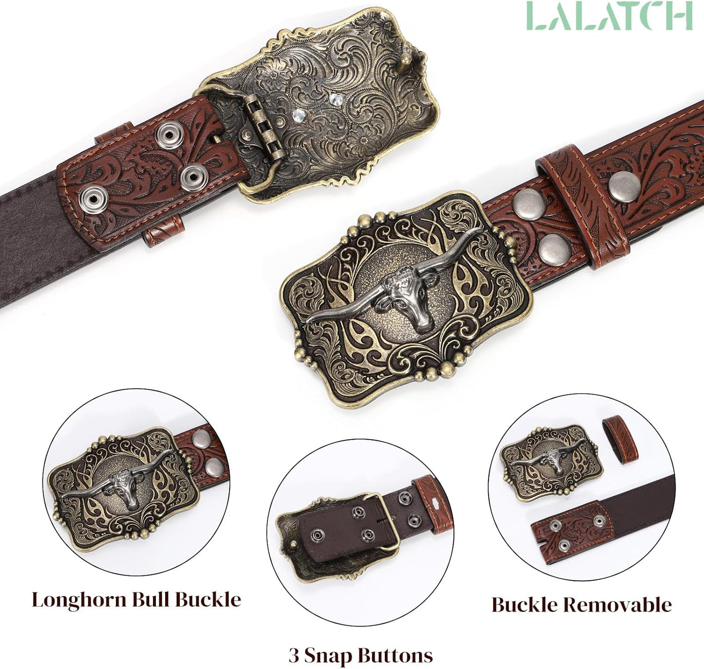 HOTCowboy Cowgirl Belt Western Belts for Men Women Floral Engraved Longhorn Bull Buckle Belt for Jeans
