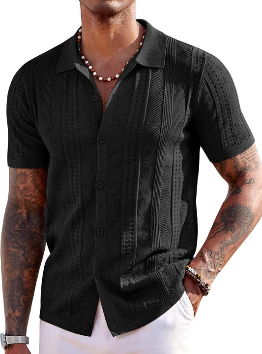 HOTCOOFANDY Men's Knit Shirts Short Sleeve Button Down Polo Shirt Fashion Casual Summer Beach Shirts