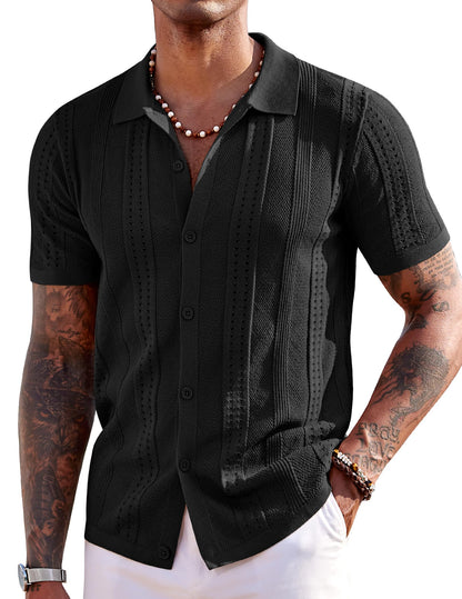 HOTCOOFANDY Men's Knit Shirts Short Sleeve Button Down Polo Shirt Fashion Casual Summer Beach Shirts