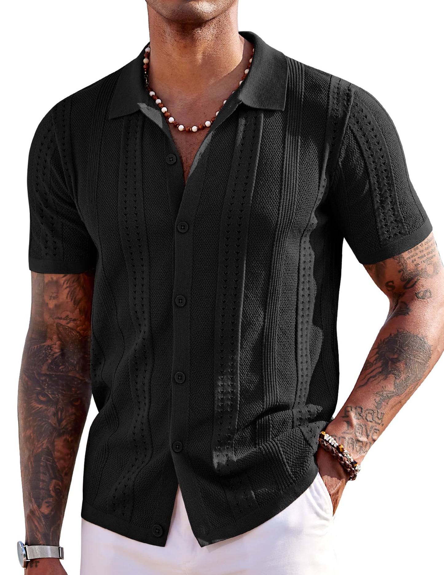 HOTCOOFANDY Men's Knit Shirts Short Sleeve Button Down Polo Shirt Fashion Casual Summer Beach Shirts