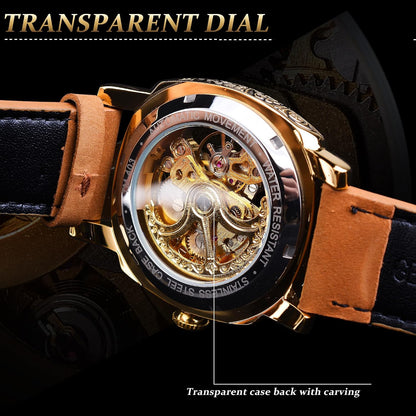 HOTFORSINING Watches for Man, Square Retro Mechanical Watch Self-Wind Carved, Skeleton Automatic Watches Vintage Leather Strap Wristwatch