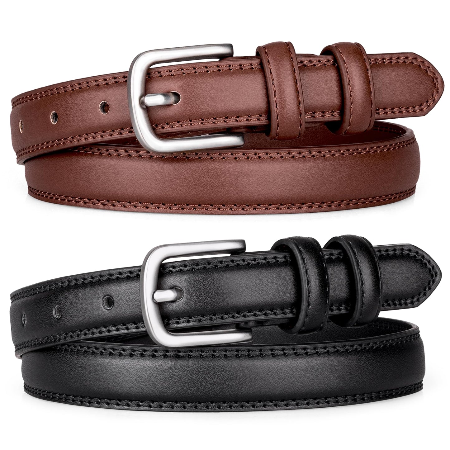 HOT2 Pack Leather Belts for Women Trendy, Women's Belts for Jeans Pants Dresses with Silver Buckle