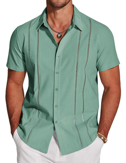 HOTCOOFANDY Men's Cuban Guayabera Shirt Short Sleeve Button Down Shirts Casual Summer Beach Linen Shirts