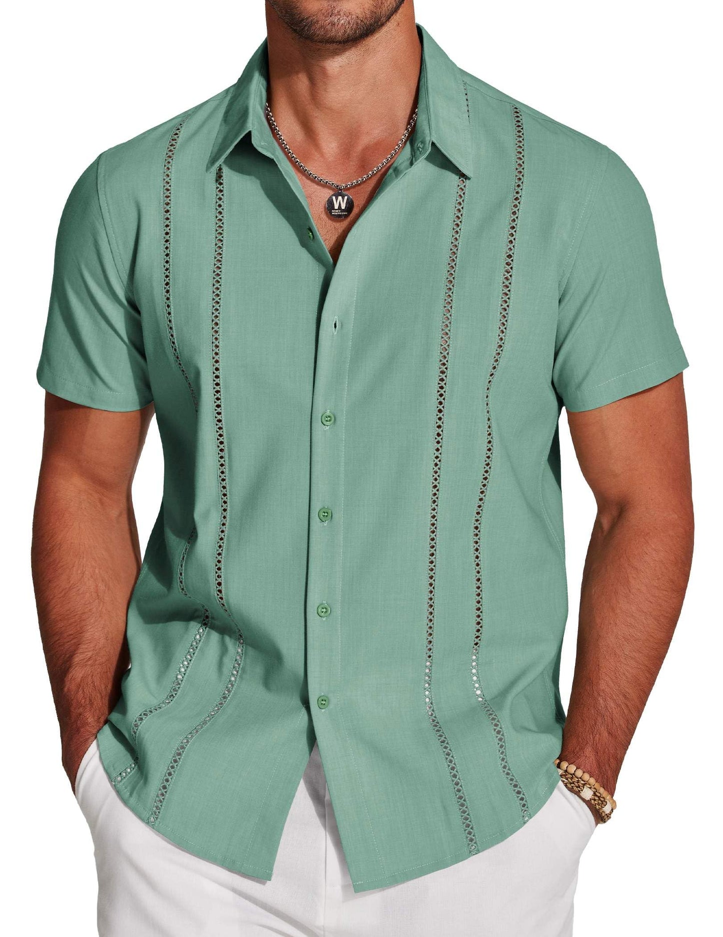 HOTCOOFANDY Men's Cuban Guayabera Shirt Short Sleeve Button Down Shirts Casual Summer Beach Linen Shirts