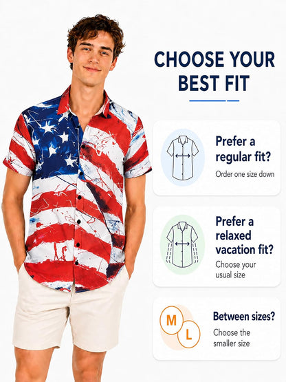 HOTYoimira 4th of July Shirts for Men,Patriotic Grunge Concept USA Flag Button-Down Casual Short Sleeve Hawaiian Shirts for Men