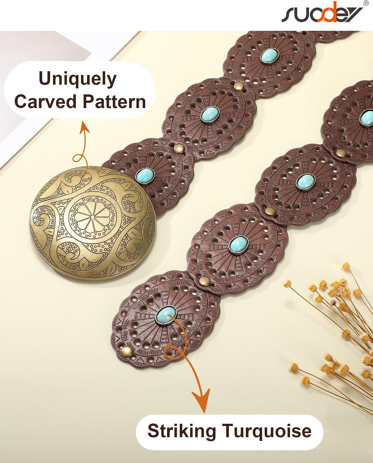 HOTSUOSDEY Wide Western Disc Belt with Turquoise Women Cowgirl Cowboy Boho Country Leather Belts for Jeans Dress, Width 2.36"