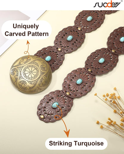 HOTSUOSDEY Wide Western Disc Belt with Turquoise Women Cowgirl Cowboy Boho Country Leather Belts for Jeans Dress, Width 2.36"