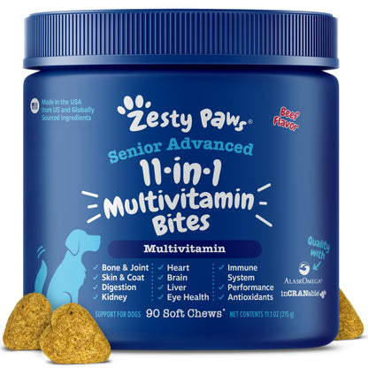 HOTZesty Paws Dog Multivitamin, Chewable Dog Vitamins and Supplements for Hip & Joints, Skin & Coat, Omega 3 Fish Oil for Dogs- Senior & Puppy Multivitamin- Chicken- 90ct