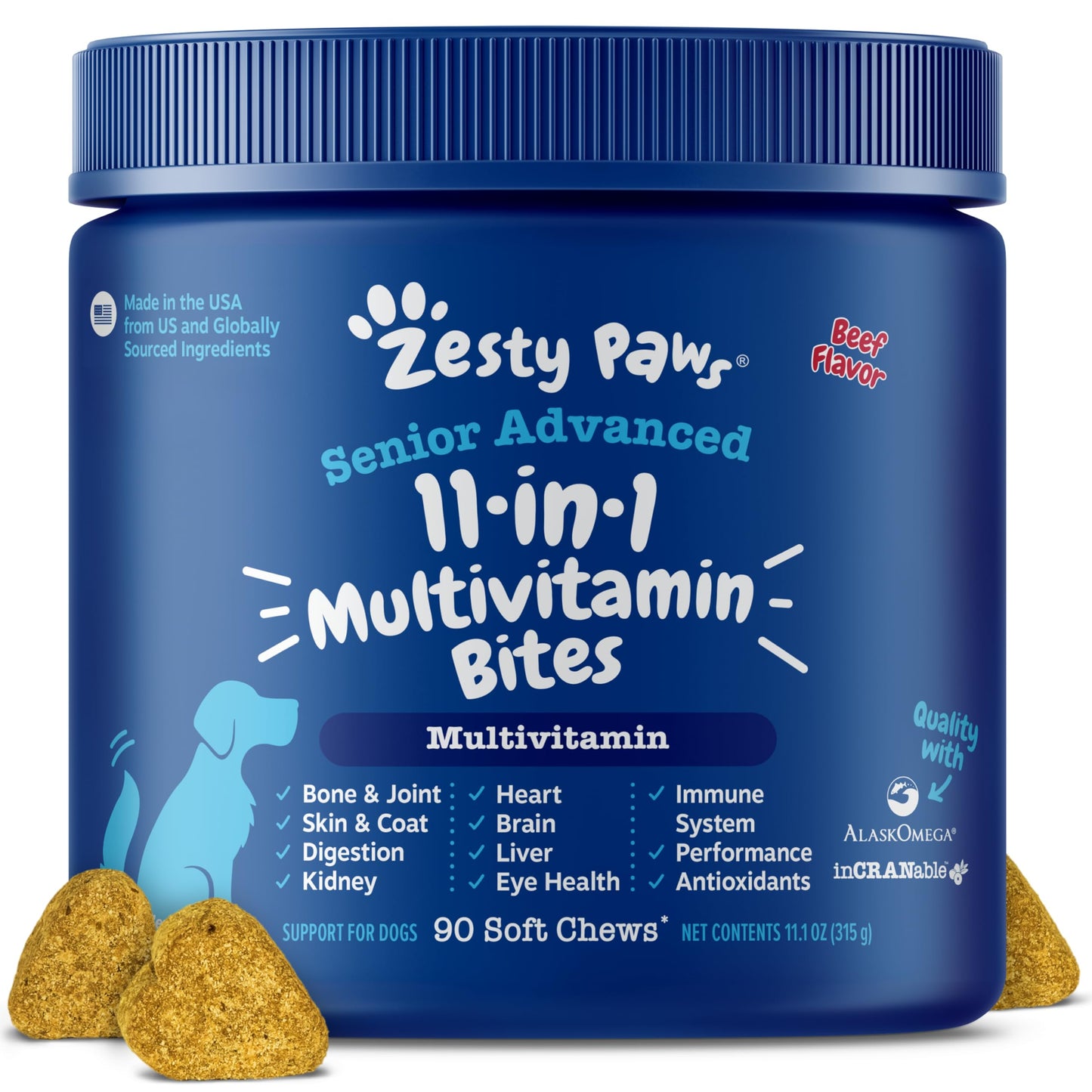 HOTZesty Paws Dog Multivitamin, Chewable Dog Vitamins and Supplements for Hip & Joints, Skin & Coat, Omega 3 Fish Oil for Dogs- Senior & Puppy Multivitamin- Chicken- 90ct