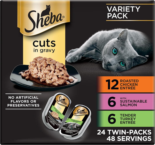 HOTSheba Perfect Portions Cuts Wet Cat Food, Multipack, 2.6 oz, 24 ct | Grain-free, Chicken, Salmon & Turkey flavors, protein-rich, no corn or soy, essential vitamins & minerals, twin-pack trays