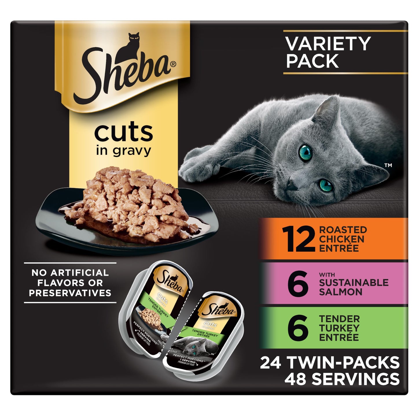 HOTSheba Perfect Portions Cuts Wet Cat Food, Chicken & Turkey, 2.6 oz, 12 ct | Grain-free, Roasted Chicken & Tender Turkey, adult cat food, protein-rich, no fillers or artificial flavors, twin-pack trays
