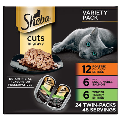 HOTSheba Perfect Portions Cuts Wet Cat Food, Chicken & Turkey, 2.6 oz, 12 ct | Grain-free, Roasted Chicken & Tender Turkey, adult cat food, protein-rich, no fillers or artificial flavors, twin-pack trays